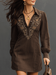 Embroidered Brown Long Sleeve Mini Dress