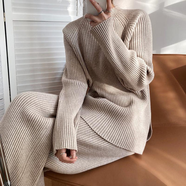 Fashion Ribbing Texture Round Neck Solid Color Two-piece Suit