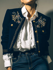 Vintage Navy Embroidered Cropped Military Jacket