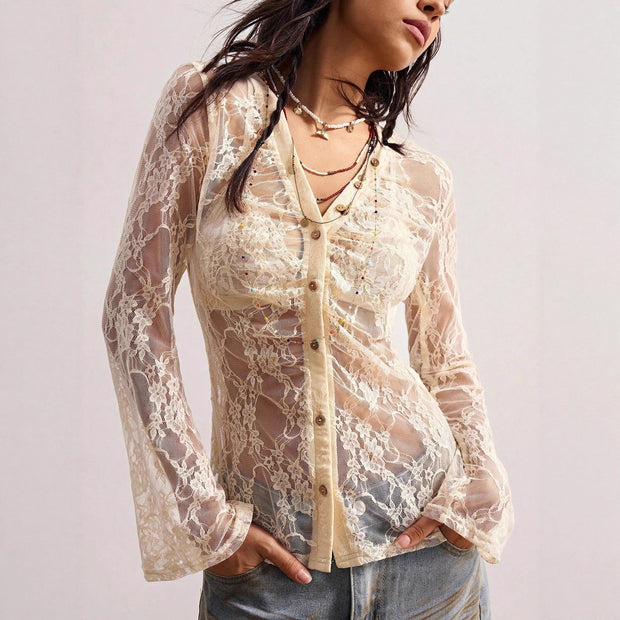 V-neck long-sleeved lace see-through Top