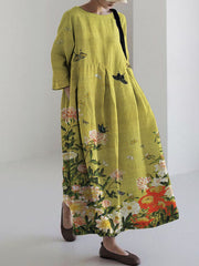 Butterflies among Flowers Japanese Art Linen Blend Maxi Dress