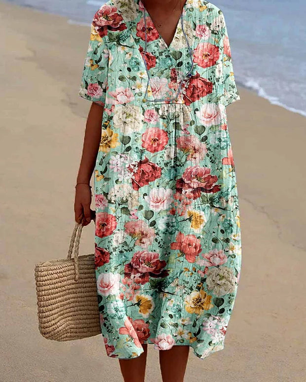 Women's Elegant Seaside Resort Rose Floral Print V-Neck Cotton and Linen Dress