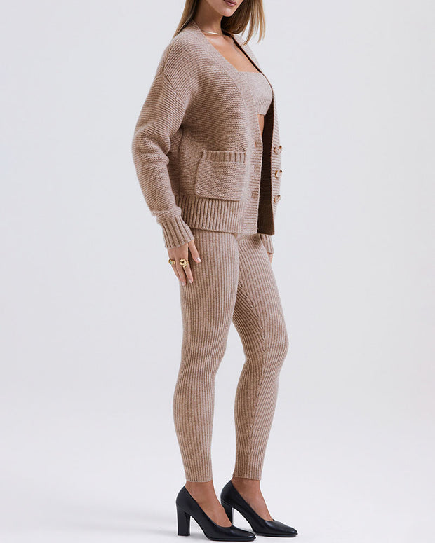 Chic V-neck cardigan + slim-fitting trousers knitted two-piece set