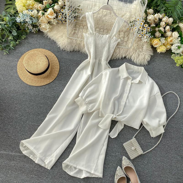 Summer Two Pieces Set Women Loose Short Sunscreen Jacket + Suspending Rompers Clothing Female Casual Holidays Suit