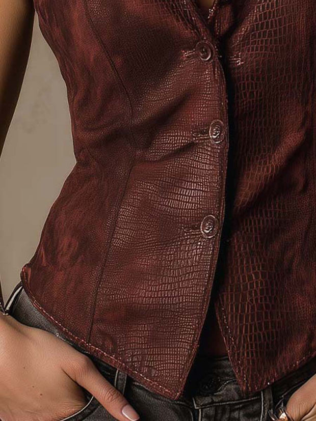 Burgundy Western Croc Embossed Faux Leather With Micro Suede Vest