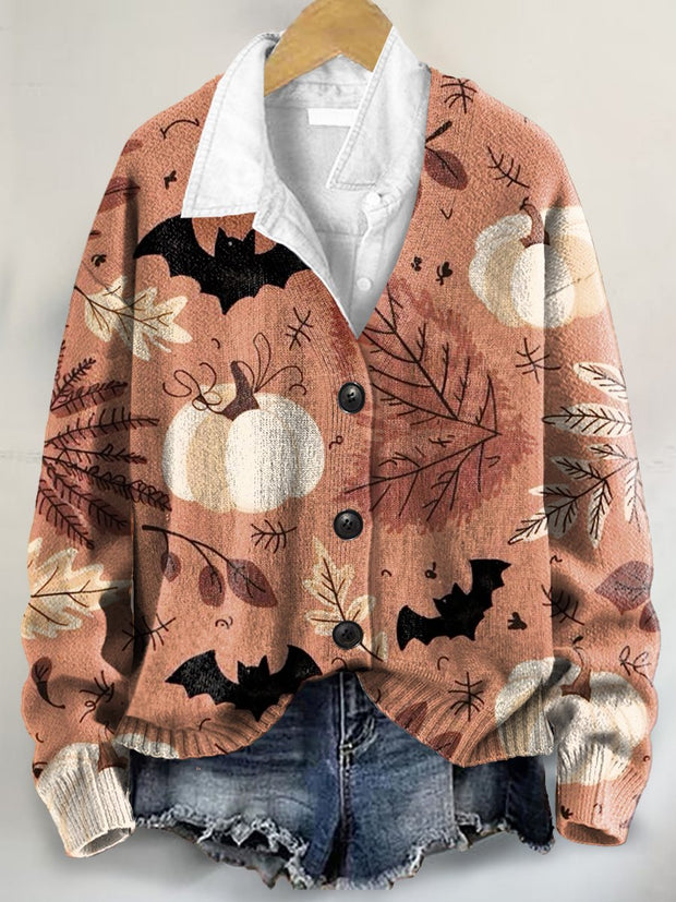 Halloween Pattern Art Print Buttoned V-neck Cardigan Sweater