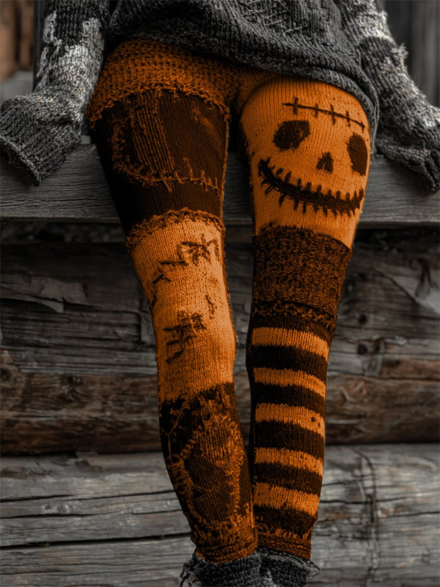 Women's Retro Halloween Contrast Color Comfortable Knitted Print Leggings