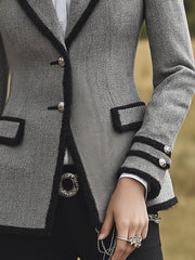 Elegant Herringbone Tweed Tailored Blazer With Contrast Trim