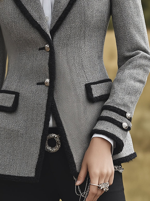 Elegant Herringbone Tweed Tailored Blazer With Contrast Trim