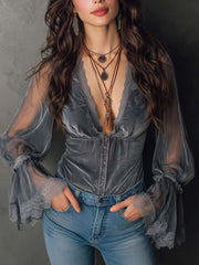 Slate Velvet Plunge Lace Sheer-Sleeve Top