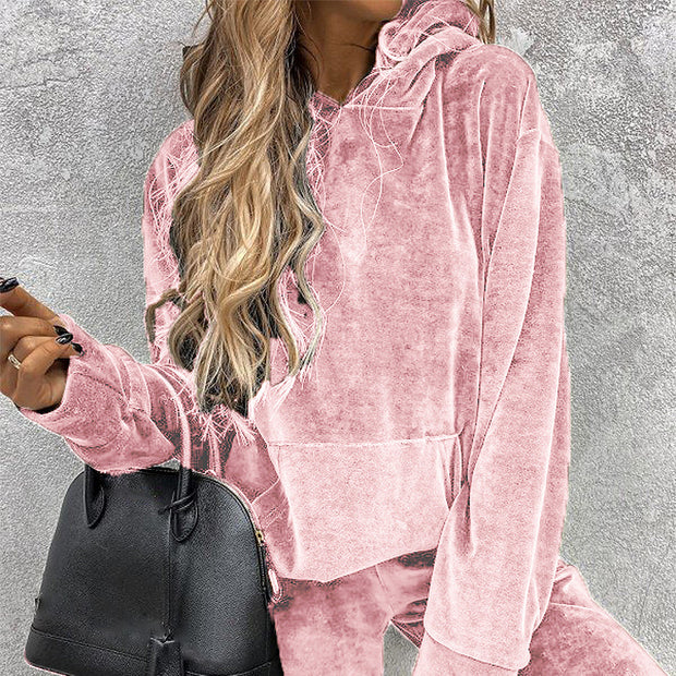 Women's solid color hooded sports casual suit