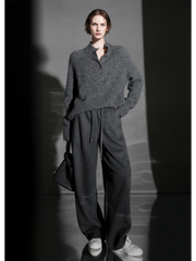 Wool Blend Drawstring Wide-Leg Pants – Color Block Casual Trousers for Women, Trendy Relaxed Fit Banana Pants for Autumn/Winter