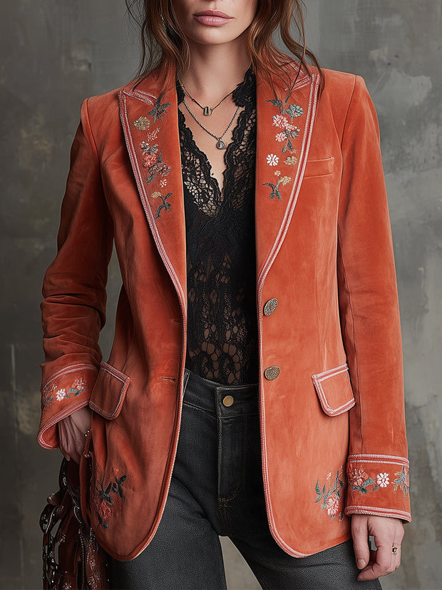 Bohemian Floral Embroidered Hemmed Suede Blazer