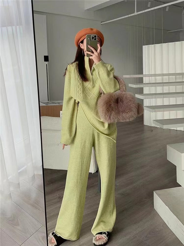 Stand Collar Knitted Sweater Wide Leg Pants Two Piece Set