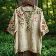 Celtic Knot Rose Embroidered Pink Ribbon Awareness Vintage Women's Linen V-neck Shirt