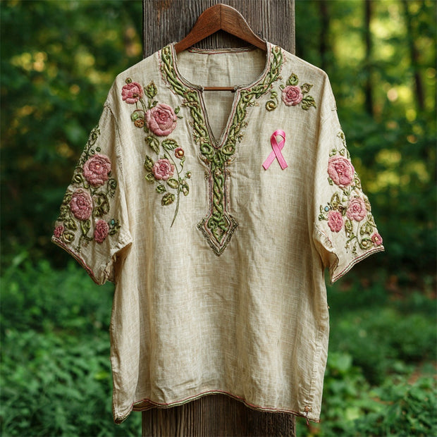 Celtic Knot Rose Embroidered Pink Ribbon Awareness Vintage Women's Linen V-neck Shirt