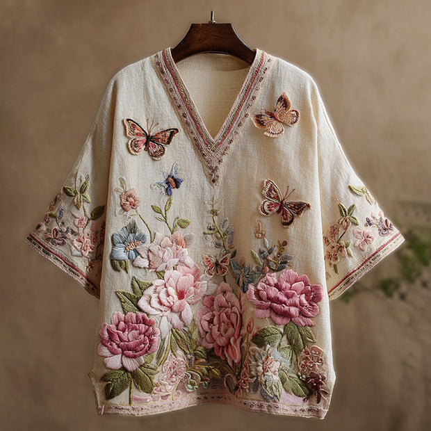 Cozy Pink Floral Butterfly Embroidery Short Sleeve Linen Three-quarter Sleeves Shirt