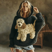 Vintage Fluffy Poodle Dogs Felt Cozy Knit Hooded Sweater