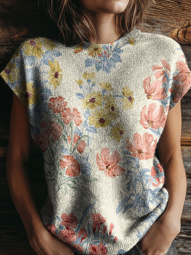Women's Natural Flowers Pattern Art Print Casual Crew Neck Short Sleeve Knitted Sweater