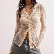 V-neck long-sleeved lace see-through Top
