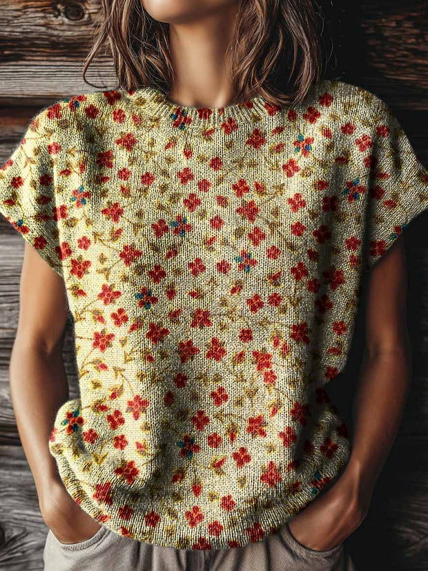 Women's Retro Ethnic Flowers Print Casual Crew Neck Short Sleeve Knitted Sweater