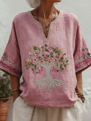 Women's Tree Of Life Pink Ribbon Small V Neck T-shirt