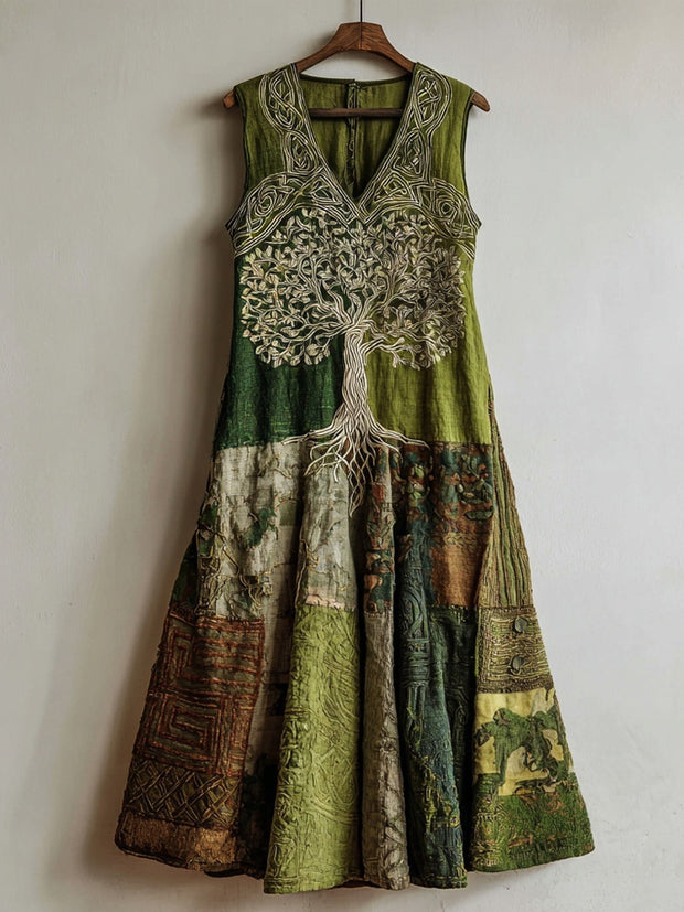 Vintage Celtic Tree Of Life Embroidered Linen Midi Dress