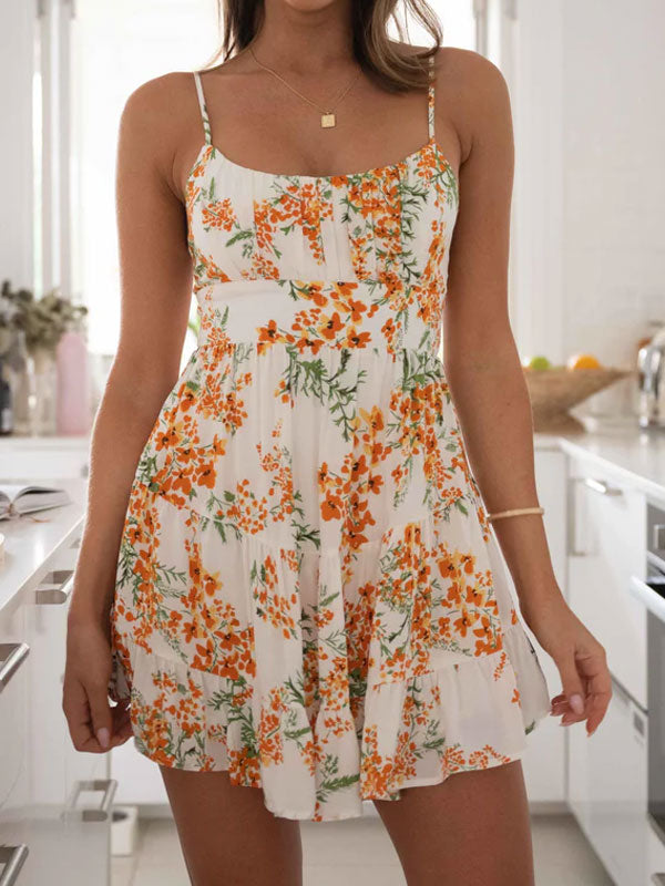 Thin straps printing dress