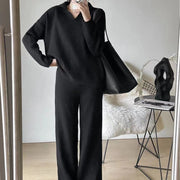 Casual Knitted Polo Collar Top and Wide Leg Pants Two-piece Set