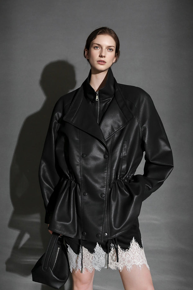 Double-Layer Collar Lambskin Leather Jacket – Chic and Bold Women’s Premium Leather Outerwear, Unique Design