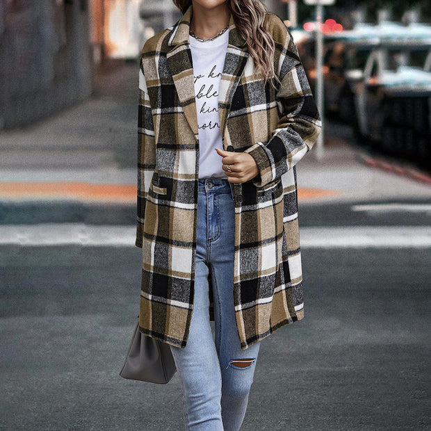 Wearshes Checked Long Sleeve Casual Coat