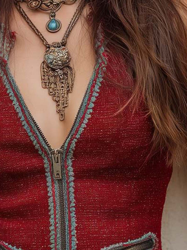 Bohemian Floral Contrast Trim Zip-up Vest