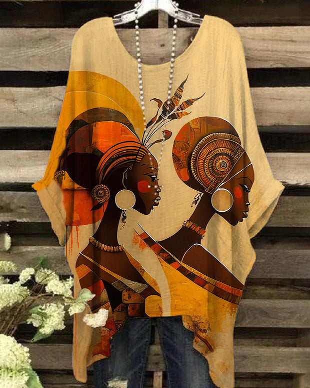 Round Neck Retro Tribal Black Woman Painting Print Irregular Shirt