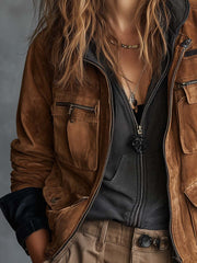 Vintage Suede Utility Jacket With Leather Trim
