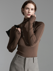 Merino Wool Minimalist Mock Neck Ribbed Knit Top – Cross-Strap Seamless Solid Color Sweater