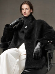 Alpaca Wool Biker Jacket for Women – Stand Collar Suoli Alpaca Coat with Luxe Textured Finish, Winter Chic Outerwear