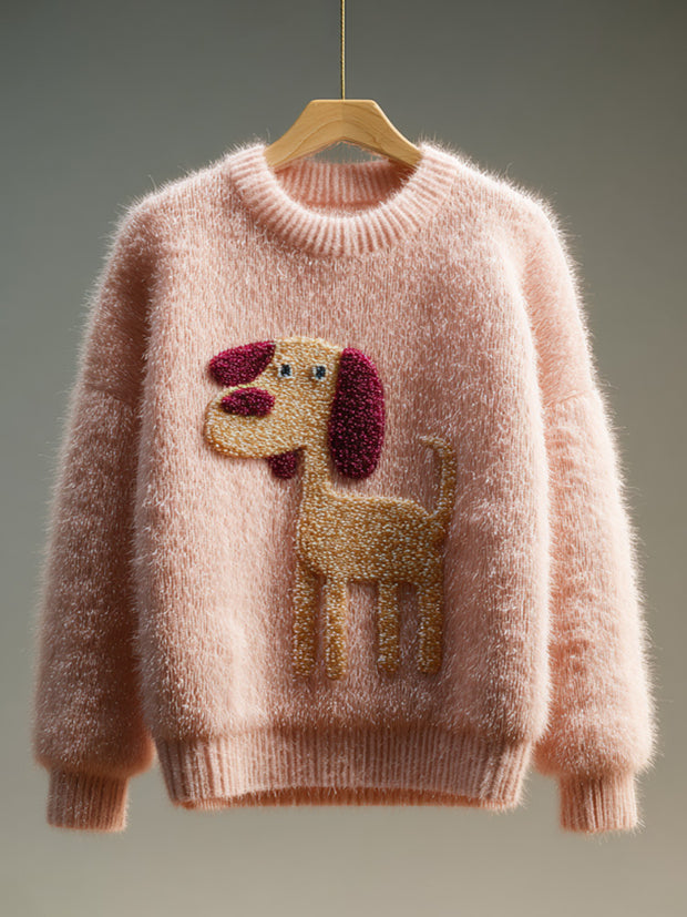Women's Vintage Mohair Dog Embroidered Sweater