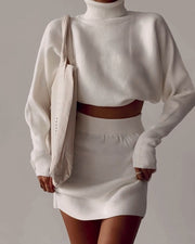 Stylish turtleneck sweater and short skirt two-piece set