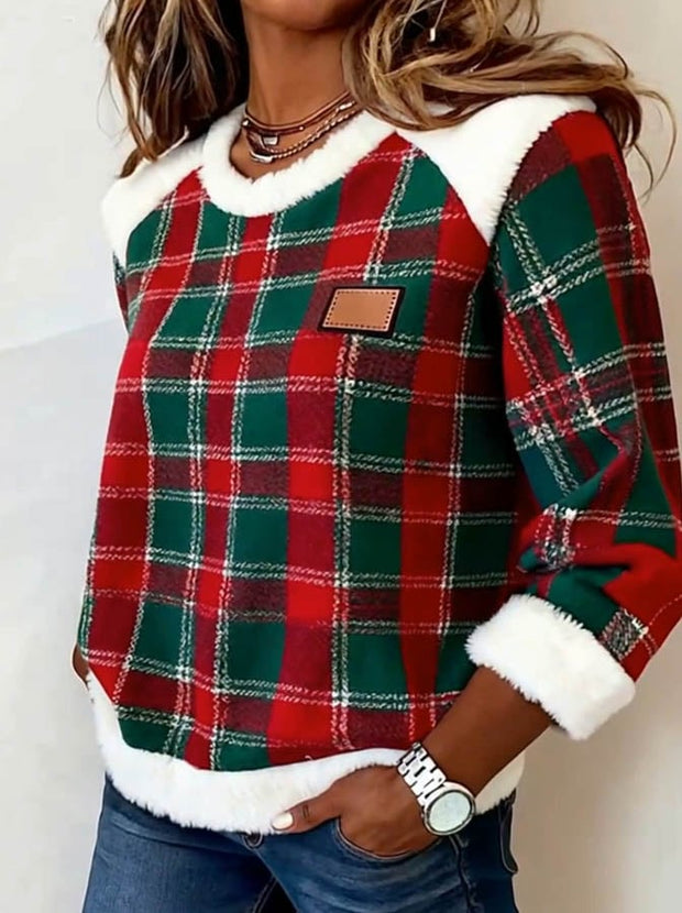 Women's Casual Christmas Plaid Stitching Contrast Color Top