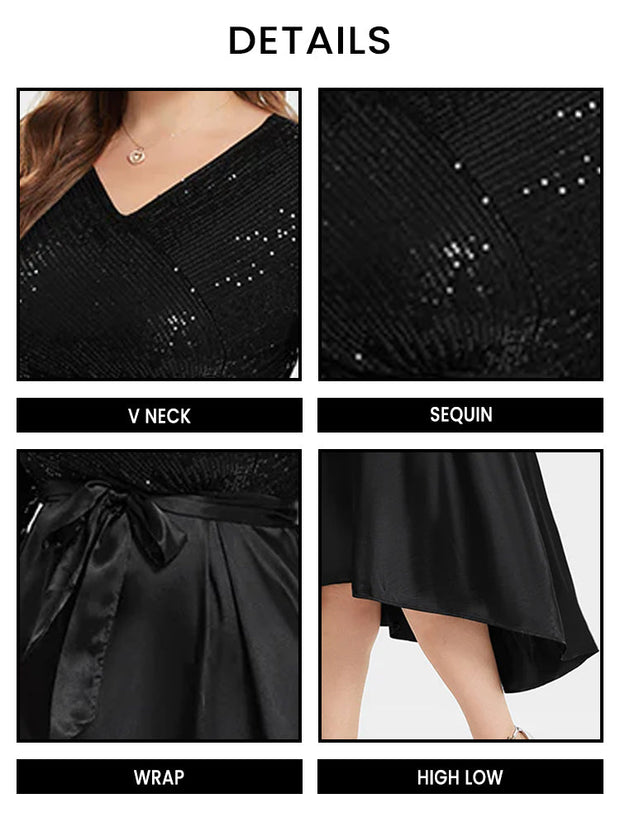 Contrast Sequin Satin Tie Front High Low Midi Dress