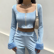 Cropped top zipper slim suit