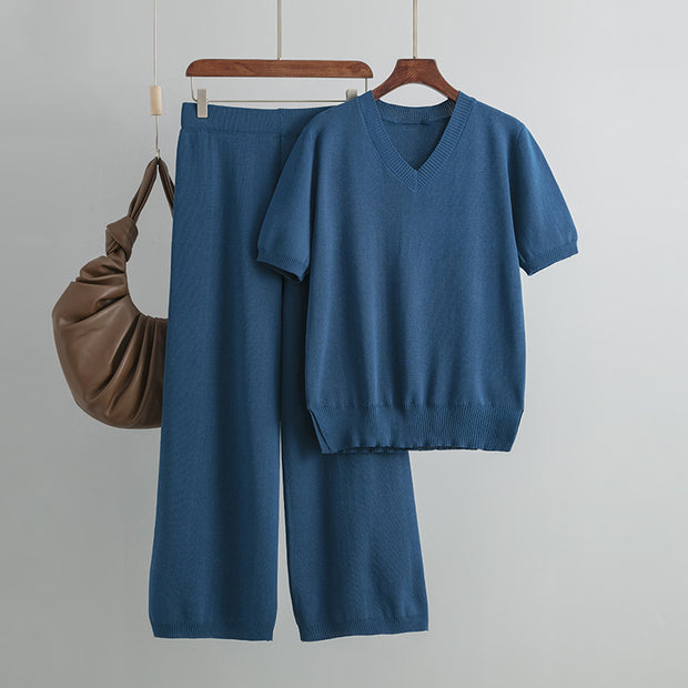 V-neck loose slit sweater straight-leg trousers two-piece set