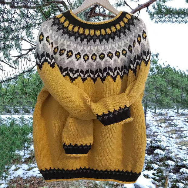 Unisex Vintage Icelandic Yellow Knit Jacquard Warmth Crew Neck Sweater