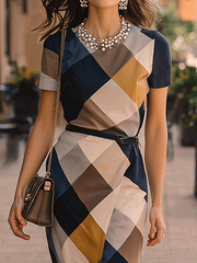 Fashionable Urban Retro Plaid Tight Midi Dress
