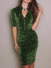 Green Velvet Leopard Print Bodycon Dress