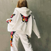 Fashion Butterfly Print Hooded Casual Sweatshirt Set