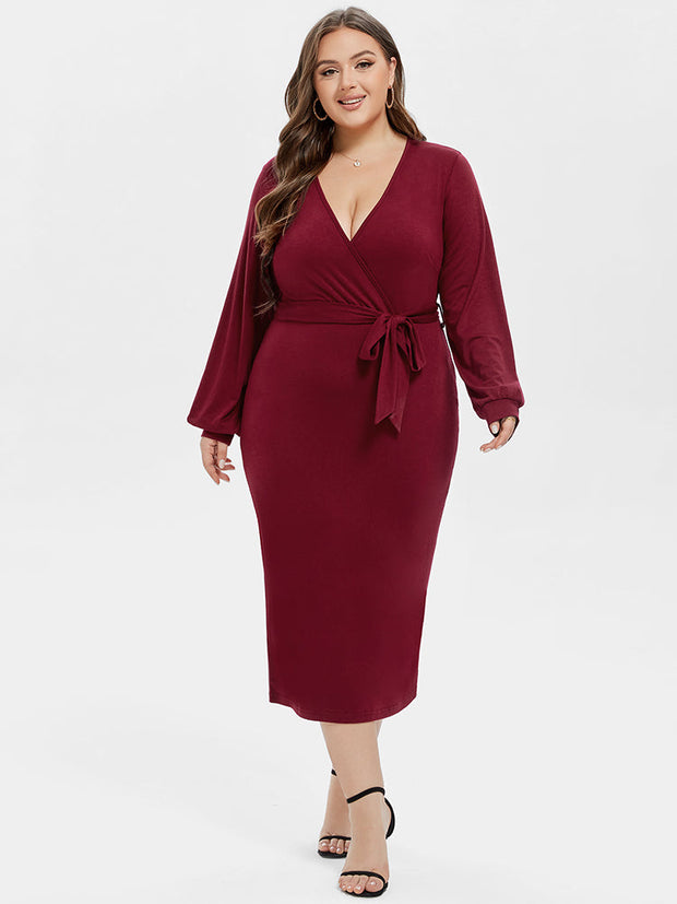 V-Neck Lantern Sleeve Belted Wrap Midi Dress