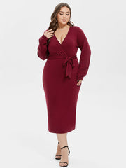 V-Neck Lantern Sleeve Belted Wrap Midi Dress