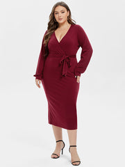 V-Neck Lantern Sleeve Belted Wrap Midi Dress