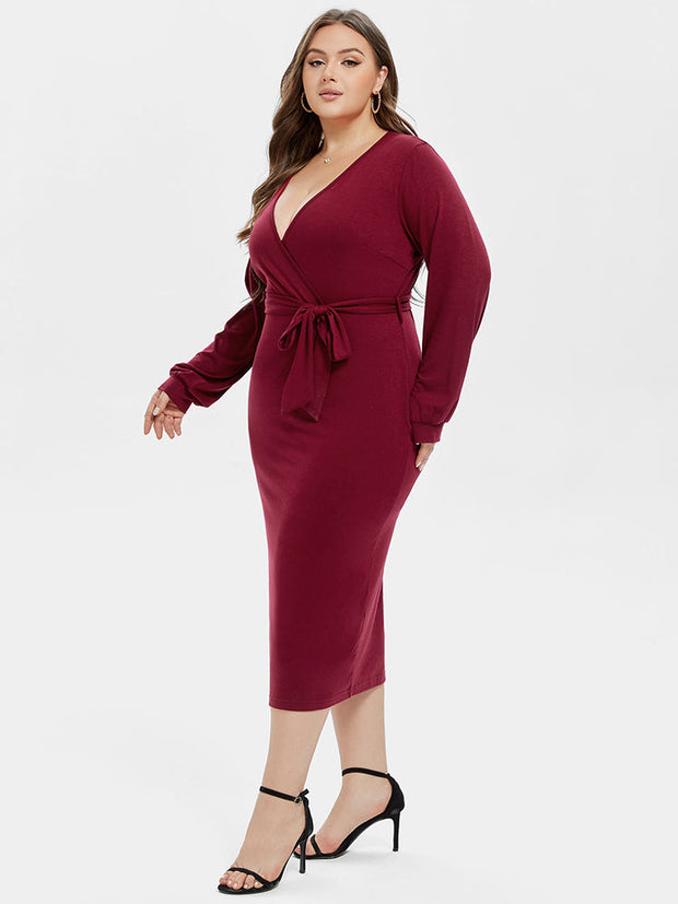 V-Neck Lantern Sleeve Belted Wrap Midi Dress